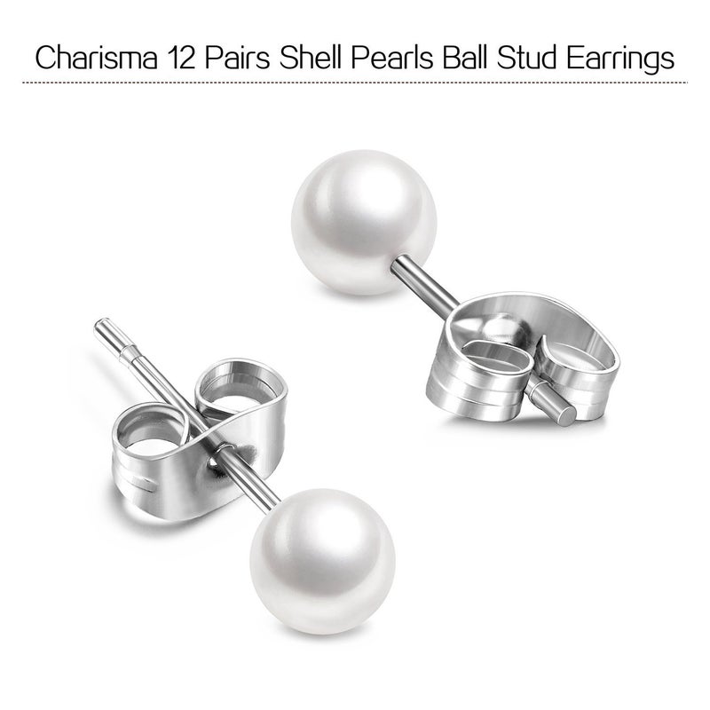 Charisma 6mm Composite Pearl Earrings Round Ball Pearls Stud Earrings Hypoallergenic 12 Pairs Imitation Pearl Earrings Set for Women - Image 2